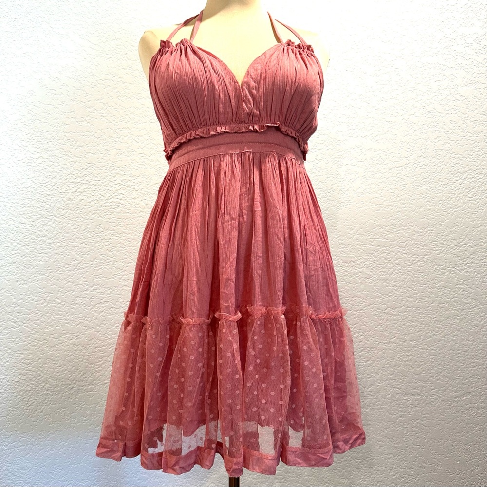 Boho Dress Flowy Ruffled Polka Dot Lace Romantic Tiered Strappy Coral Salmon